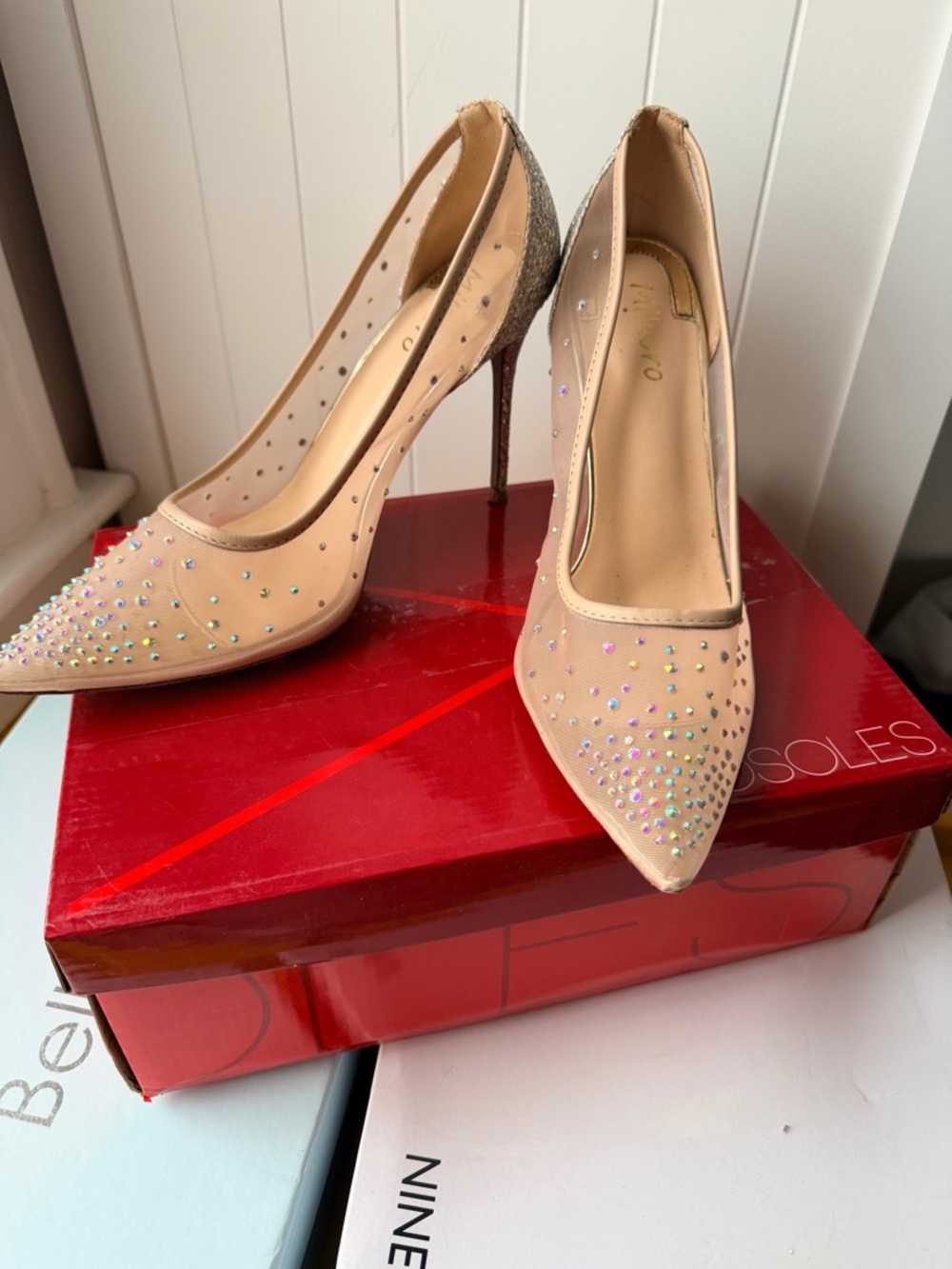 Nude Crystal Embellished Pointed Toe Pumps - Women's